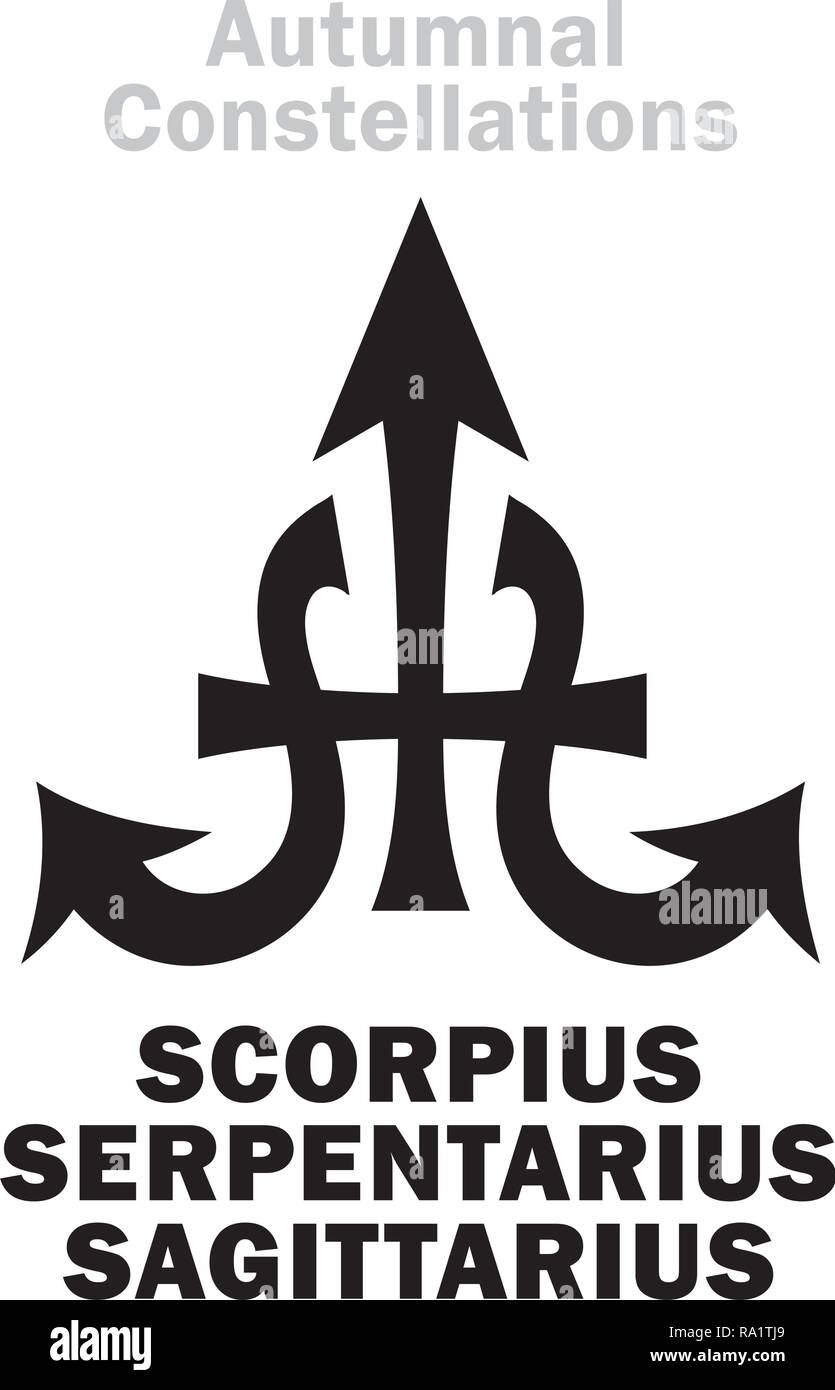 Astrologie Alphabet: SCORPIUS SAGITTARIUS SERPENTARIUS ++ (herbstlichen Konstellationen von Oktober, November, Dezember). Hieroglyphische zusammengesetzten Symbol. Stock Vektor