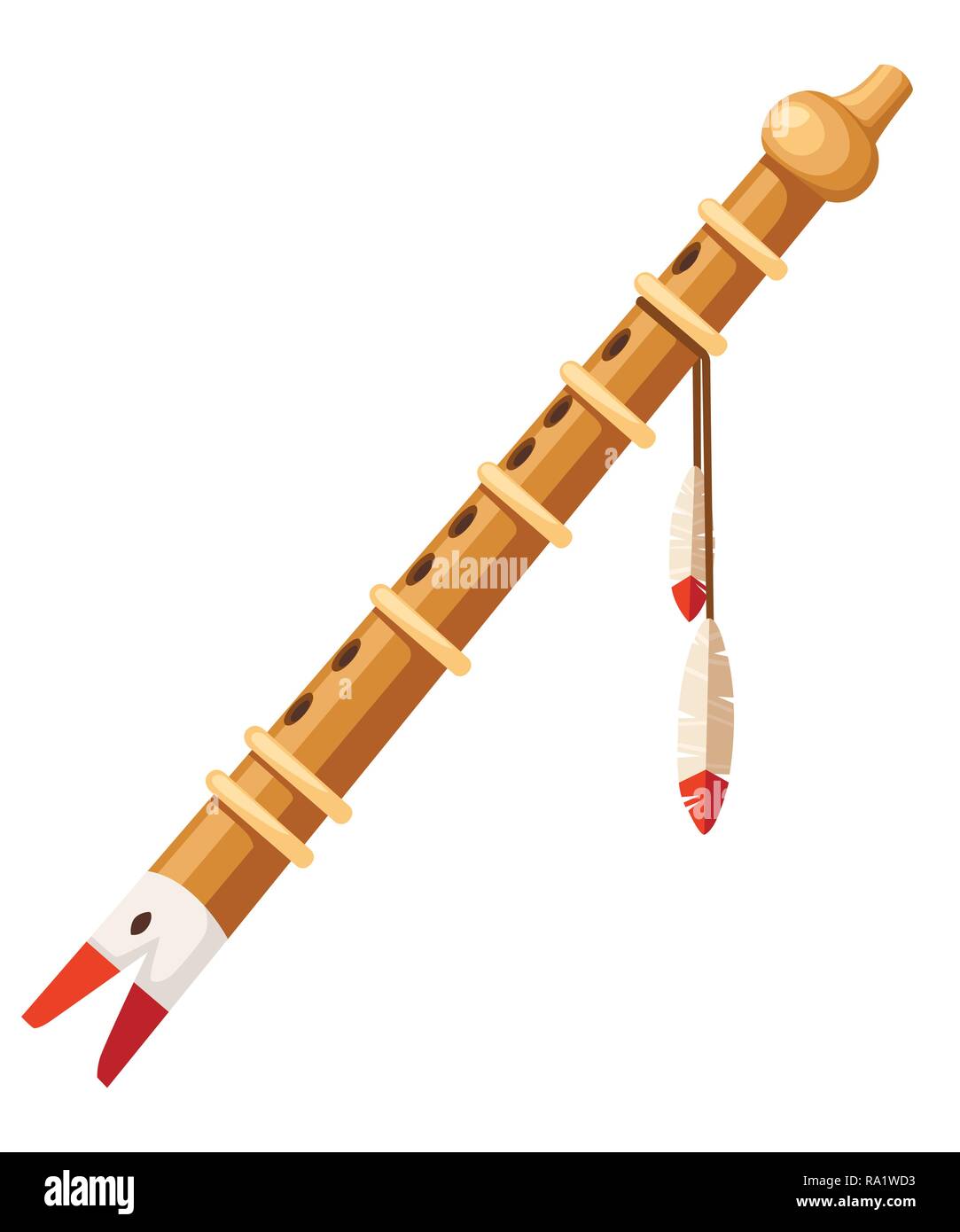 Holz- Flöte mit Native American Muster. Musikinstrument mit Federn. Flache Vector Illustration auf weißem Hintergrund. Stock Vektor