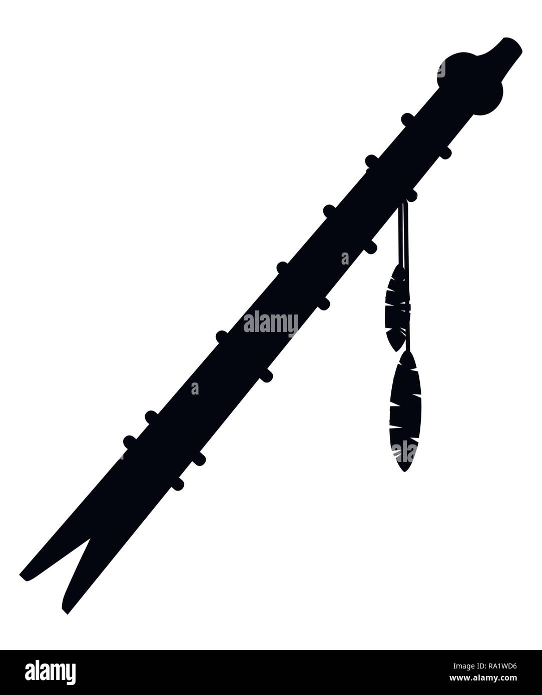 Schwarze Silhouette. Holz- Flöte mit Native American Muster. Musikinstrument mit Federn. Flache Vector Illustration auf weißem Hintergrund. Stock Vektor
