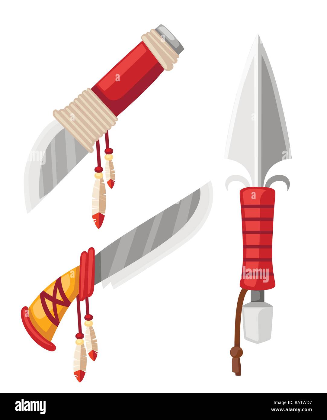 Satz von Dolche und Messer Native American Indian. Cold Steel Arme mit Leder und Federn Design. Flache Vector Illustration auf weißen backgro isoliert Stock Vektor