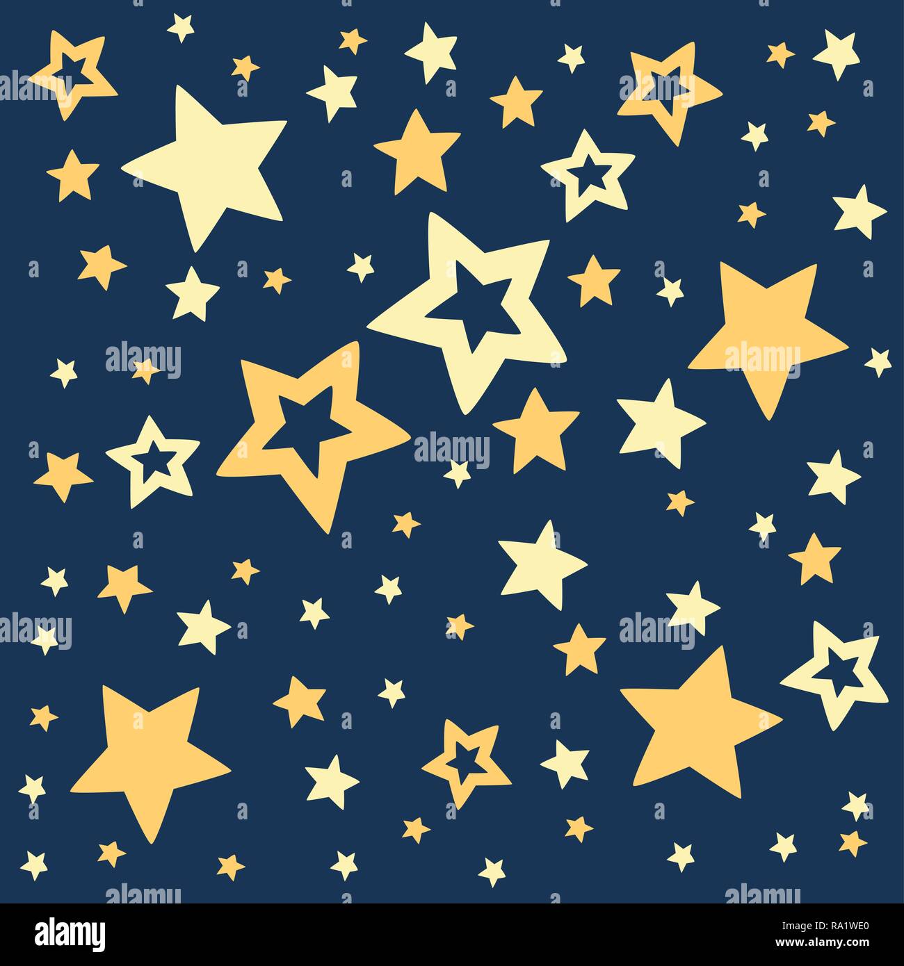 Goldene Sterne auf dunklem Hintergrund des blauen Himmels. Muster mit Sky. Festival Dekor. Flache Vector Illustration. Stock Vektor