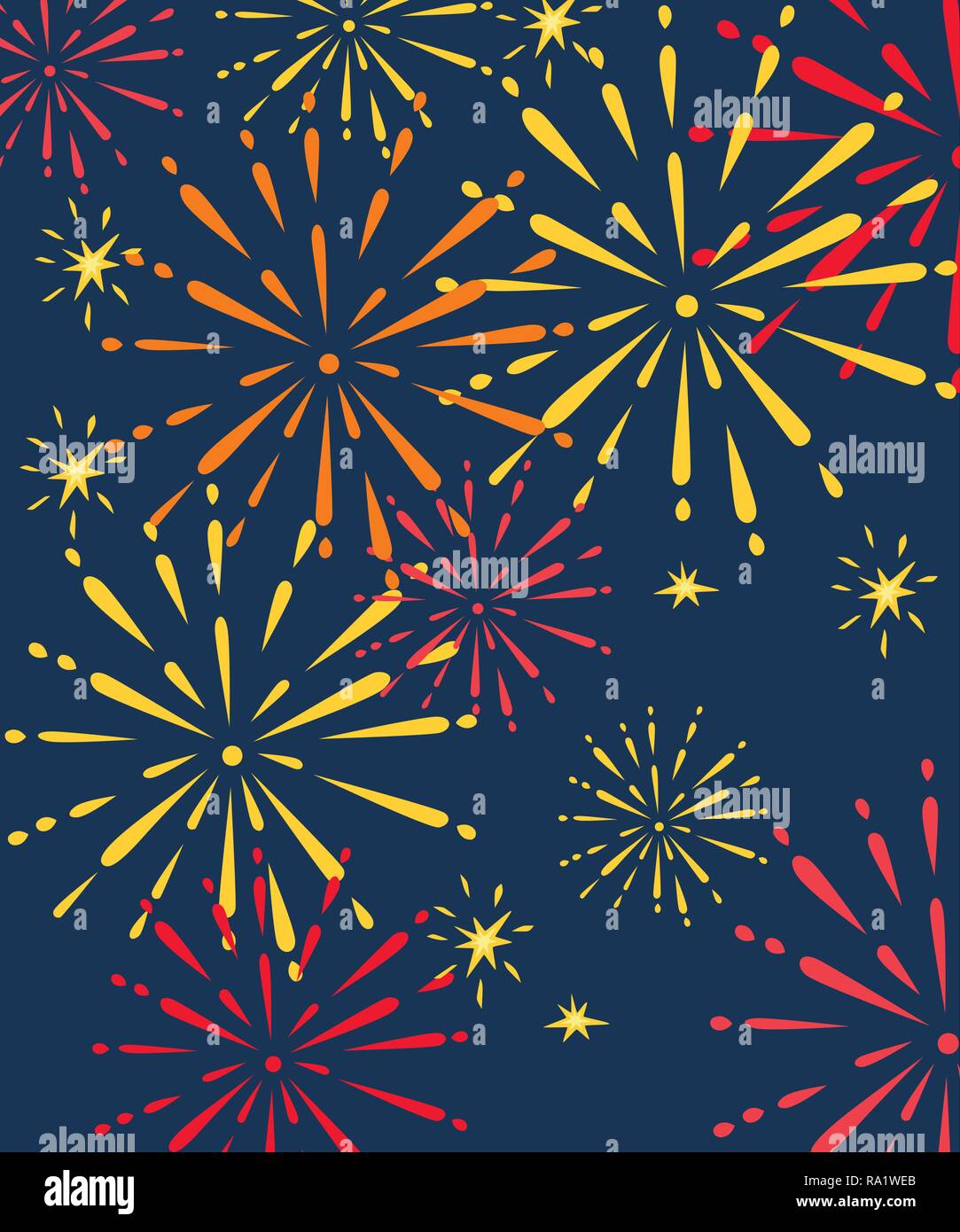 Abstrakte goldenen und roten Böllerschüsse. Flache Vector Illustration auf Nacht Himmel Hintergrund. Für Text platzieren. Stock Vektor