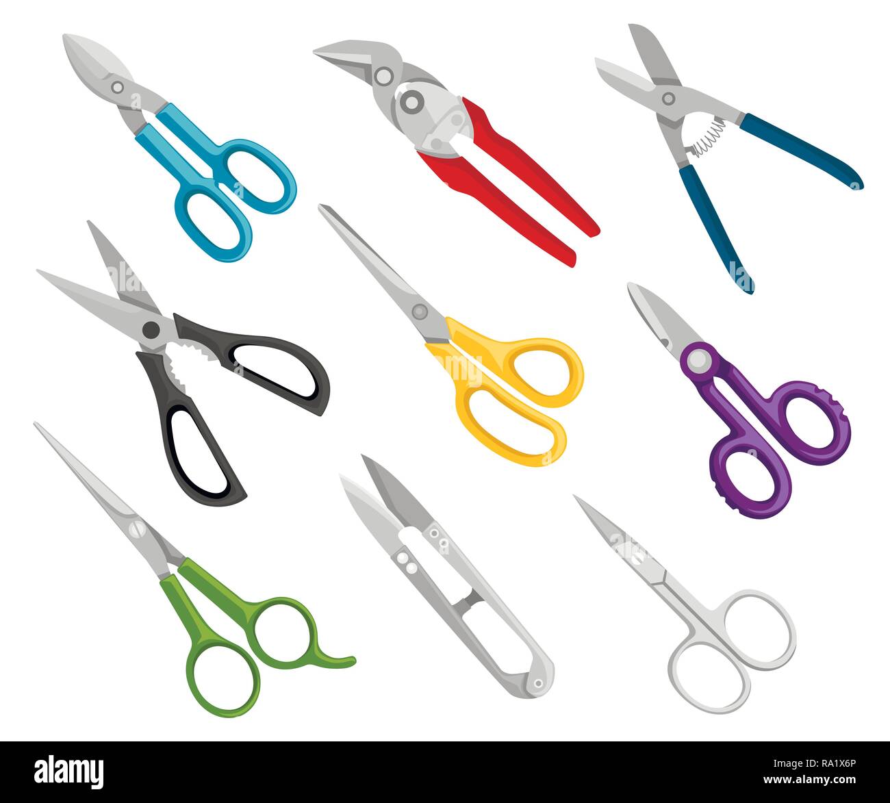 Sammlung verschiedener Schere Modelle. Handschneider Werkzeuge, Geräte Schere für Friseur, Gartenarbeit, medical. Flache Vector Illustration auf isolierte Stock Vektor