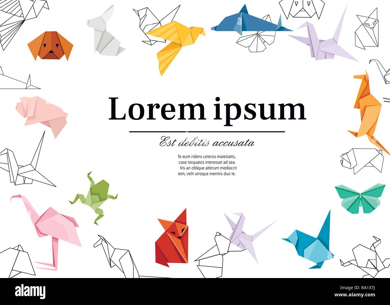 Origami Japanische Tier Eingestellt Moderne Hobby Flache Vector Illustration Auf Weißem 9824