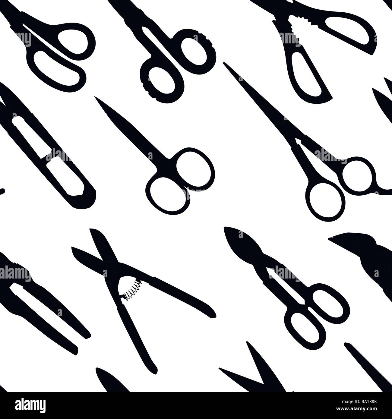 Schwarze Silhouette. Sammlung verschiedener Schere Modelle. Handschneider Werkzeuge, Geräte Schere für Friseur, Gartenarbeit, medical. Flache Vektor illust Stock Vektor