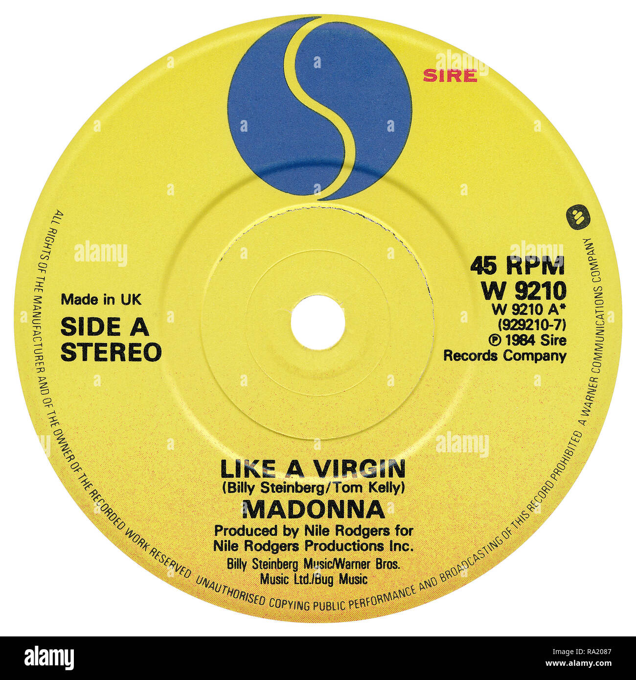 UK 45 U/min 7" Single von wie eine Jungfrau von Madonna auf dem Vater Label von 1984. Von Billy Steinberg und Tom Kelly geschrieben und von Nile Rodgers produziert. Stockfoto