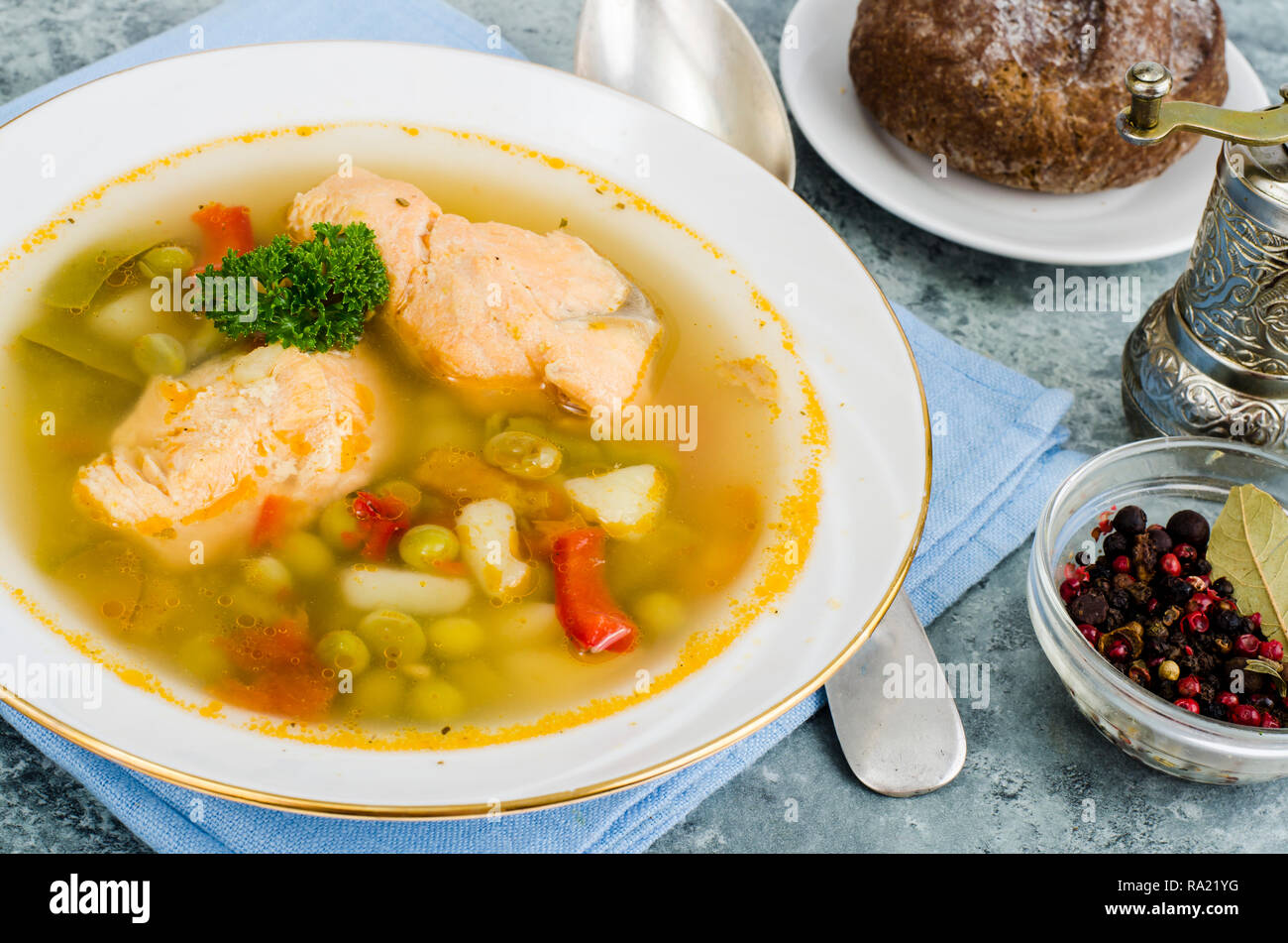 Fischsuppe mit Gemüse und Lachs in weiße Platte auf grauem Hintergrund. Studio Foto Stockfoto
