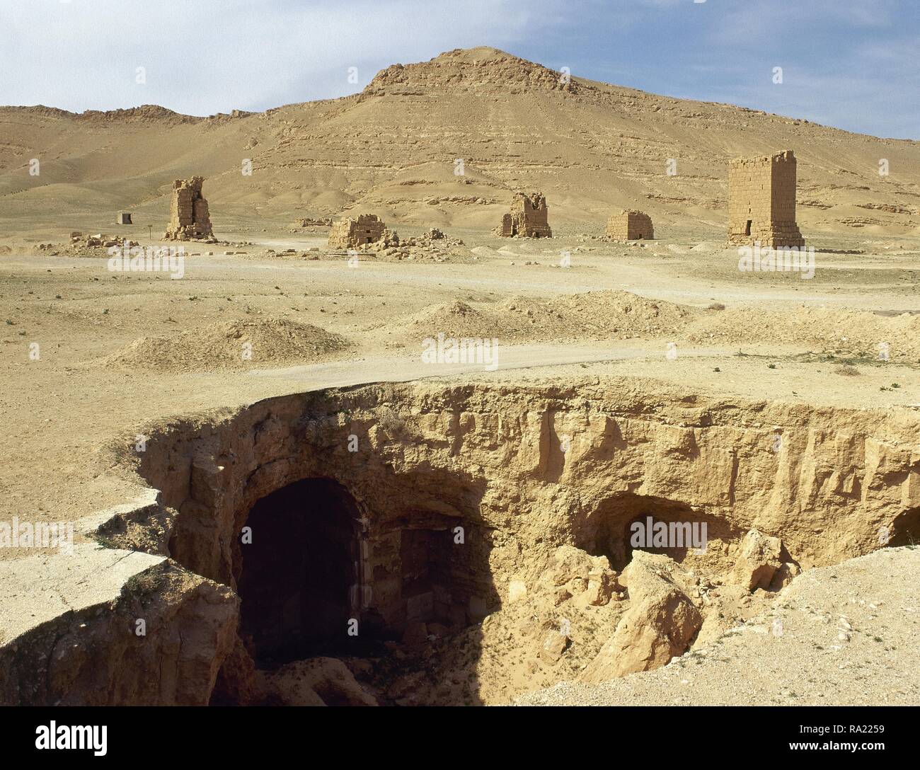 Syrien. Palmyra. Das Tal der Gräber. Grabkunst Türmen. Oase Tadmor. Ca. 1. Jahrhundert. Römische Ära. Foto vor dem syrischen Bürgerkrieg. Stockfoto