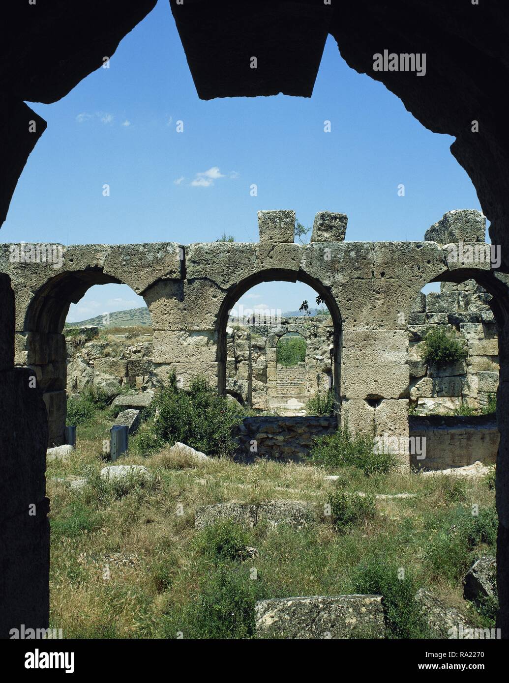 Die Türkei. Aphrodisias. Antike griechische hellenistischen Stadt, mit einem großen Wohlstands in der Zeit des Tiberius, Römischer Kaiser. Die Ruinen der Thermen der Stadt. Anatolien. Stockfoto