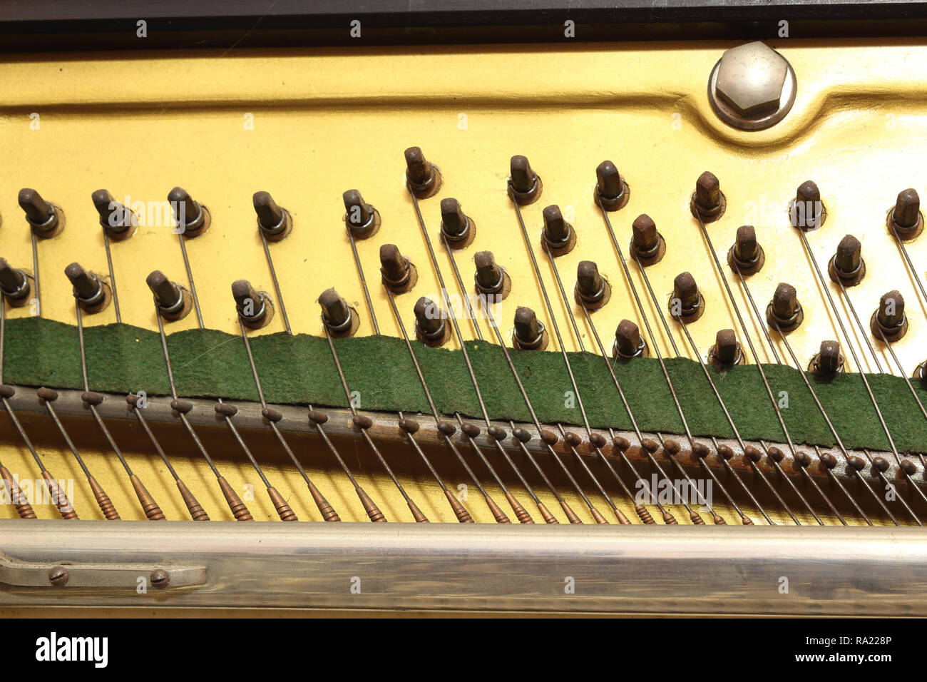 Eine enge Sicht auf die Platte der ein Klavier Musikinstrument, mit Bolzen der Anhängevorrichtung für das Tuning der Saiten, die über die Brücke pass verwendet Stockfoto