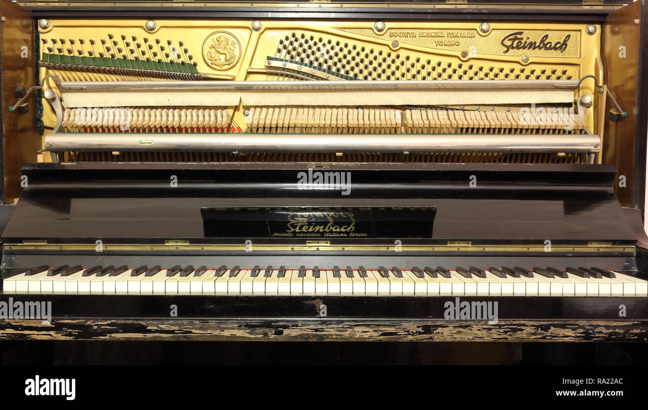 Komplette Mechanik eines alten Steinbach Klavier, zeigt die Platte mit Tuning Bolzen der Anhängevorrichtung, Streicher, Hämmer und Hebel, und öffnete den Deckel Tastatur Stockfoto