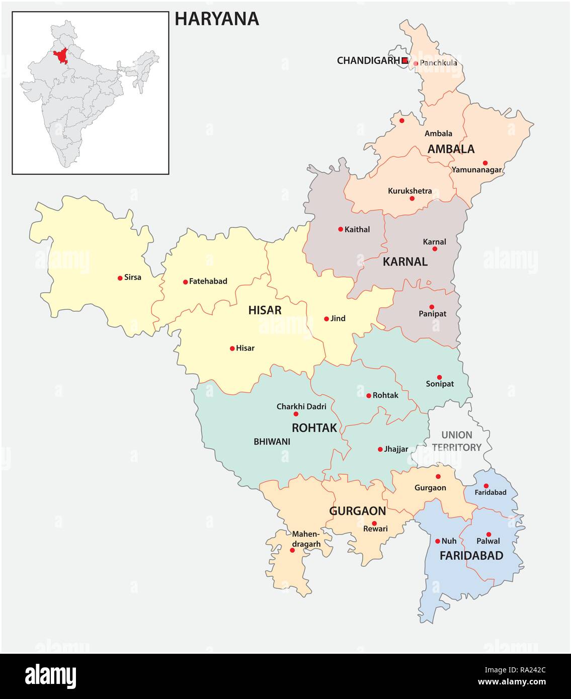 Administrative und politische Karte von indischen Bundesstaat Haryana, Indien Stock Vektor