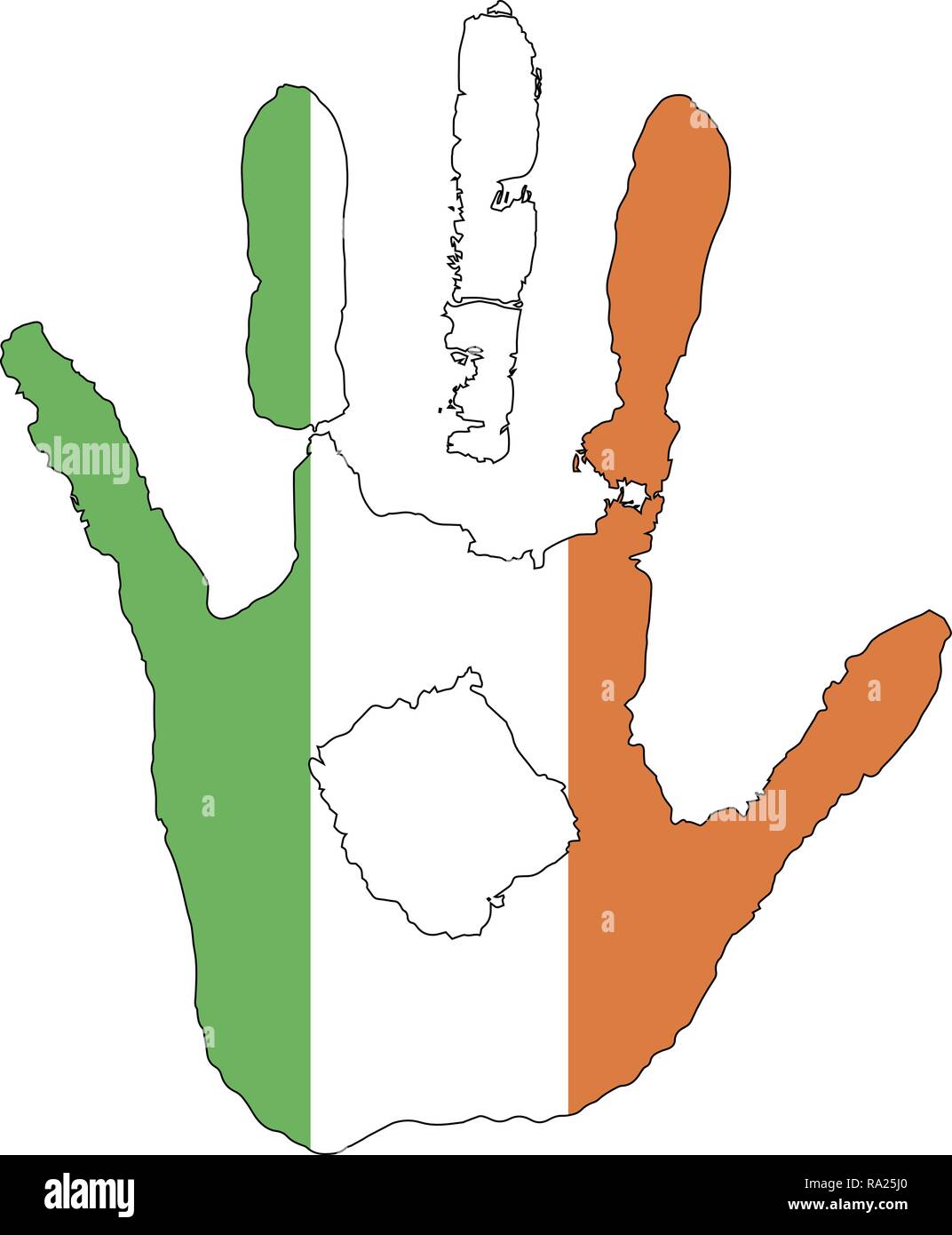 Orange, Weiß und Grün die Farbe der Flagge. Vektor Handabdruck in Form von unter der Flagge von Irland. Stock Vektor