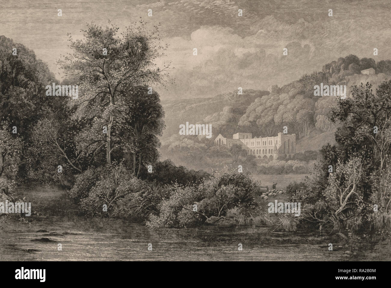 Rievaulx Abbey - Drucken zeigt eine Sicht auf die Ruinen der Rievaulx Abbey aus über den Fluss Roggen; zeigt auch ein Schäfer mit Herde von Schafen zwischen dem Fluss und den Ruinen. 1904 Stockfoto