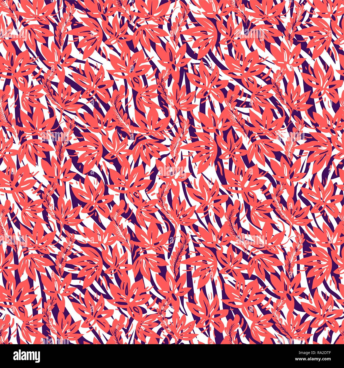 Vektor nahtlose Coral Farbe Hintergrund. Blumen und Zebra striped ethnische Muster. Stock Vektor