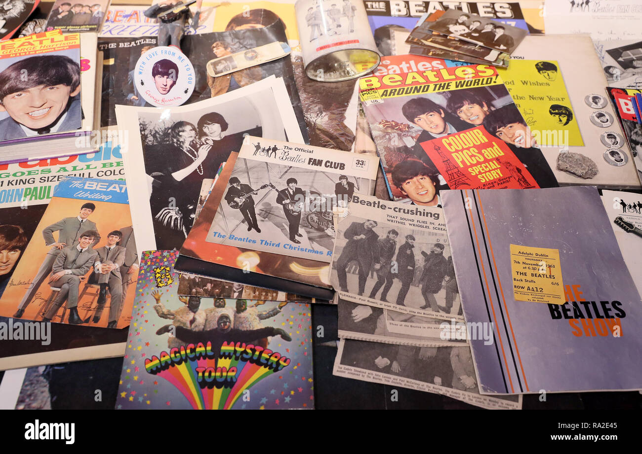 Bisher unveröffentlichte Fotos vom 12/12/2018 der Beatles Utensilien vom Terri Colman-Black auf Anzeige an der Irish Rock 'n' Roll Museum in Dublin. Stockfoto