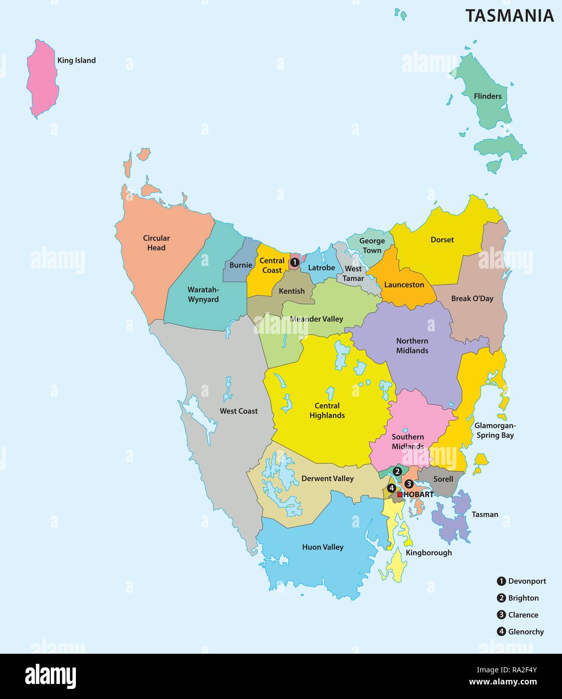 Administrative und politische Karte der 29 kommunalen Bereichen von Tasmanien, Australien Stock Vektor