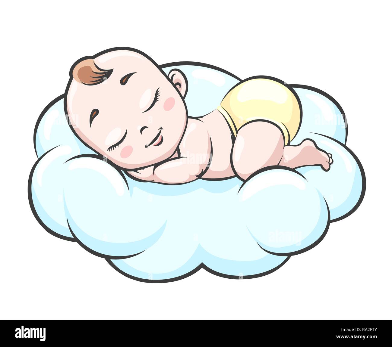 Schlafendes Baby auf Wolke. Neugeborene Happy Baby schlafen in Wolken Vector Illustration, smilingcute wenig Toddler mit Engel Gesicht in Windeln Stock Vektor