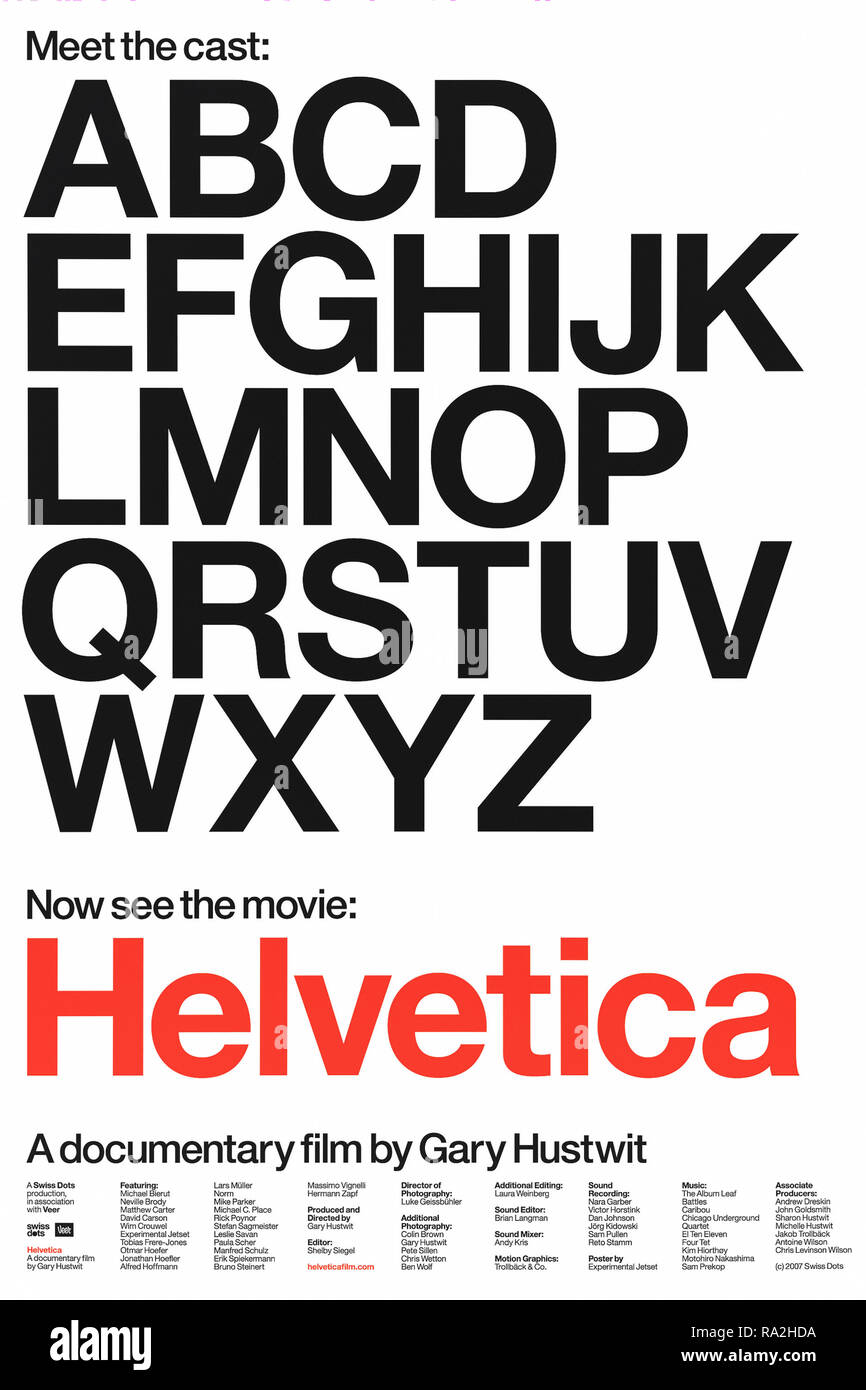 Helvetica (2007) von Gary Hustwit Regie und Hauptdarsteller Manfred Schulz, Massimo Vignelli, Rick Poynor und Wim Crouwel. Dokumentarfilm über die allgegenwärtige sans-serif Schrift; mit dem 50. Jahrestag der Einführung im Jahr 1957 zusammenfällt. Stockfoto