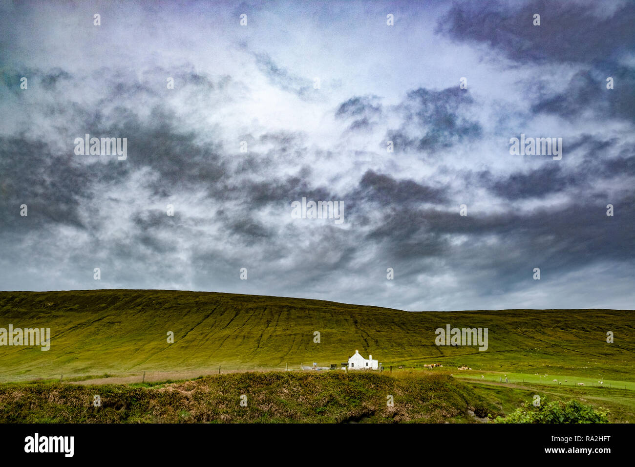 Ein Croft Haus auf einem Hügel mit Blick auf das Meer auf der Insel Bressay der schottischen Shetland-Inseln an einem bewölkten Sommertag gelegen Stockfoto