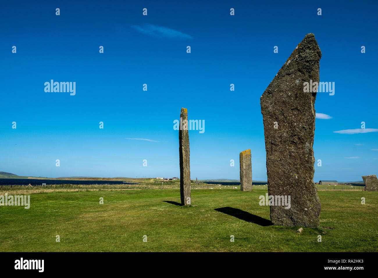 Der stehenden Steine von Stenness, eine neolithische Monument und Teil der Orkney neolithischen Weltkulturerbe in Schottland Stockfoto