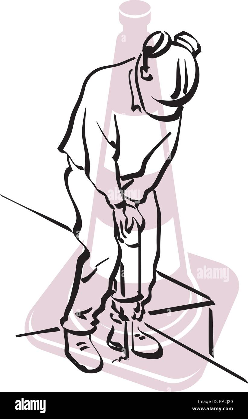Abbildung: Ein Arbeitnehmer, der mit einem Presslufthammer auf der Fahrbahn Stock Vektor