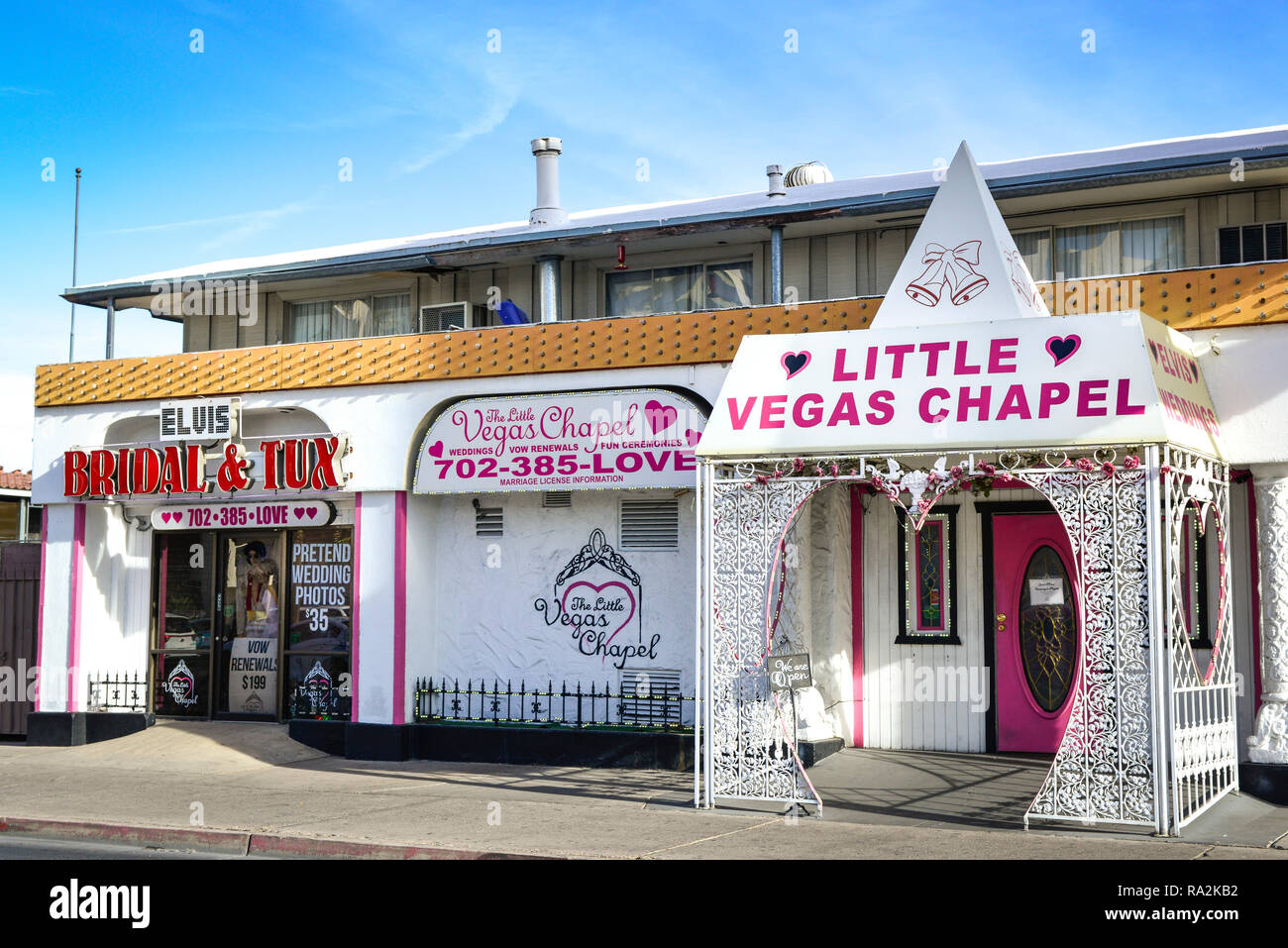 Die kleine Kapelle, bietet Las Vegas Hochzeiten, Erneuerungen und eine Option für Elvis Zeremonien, Es ist kitschig und doch beliebt für einen quickie Hochzeit, auf dem Las Vega Stockfoto