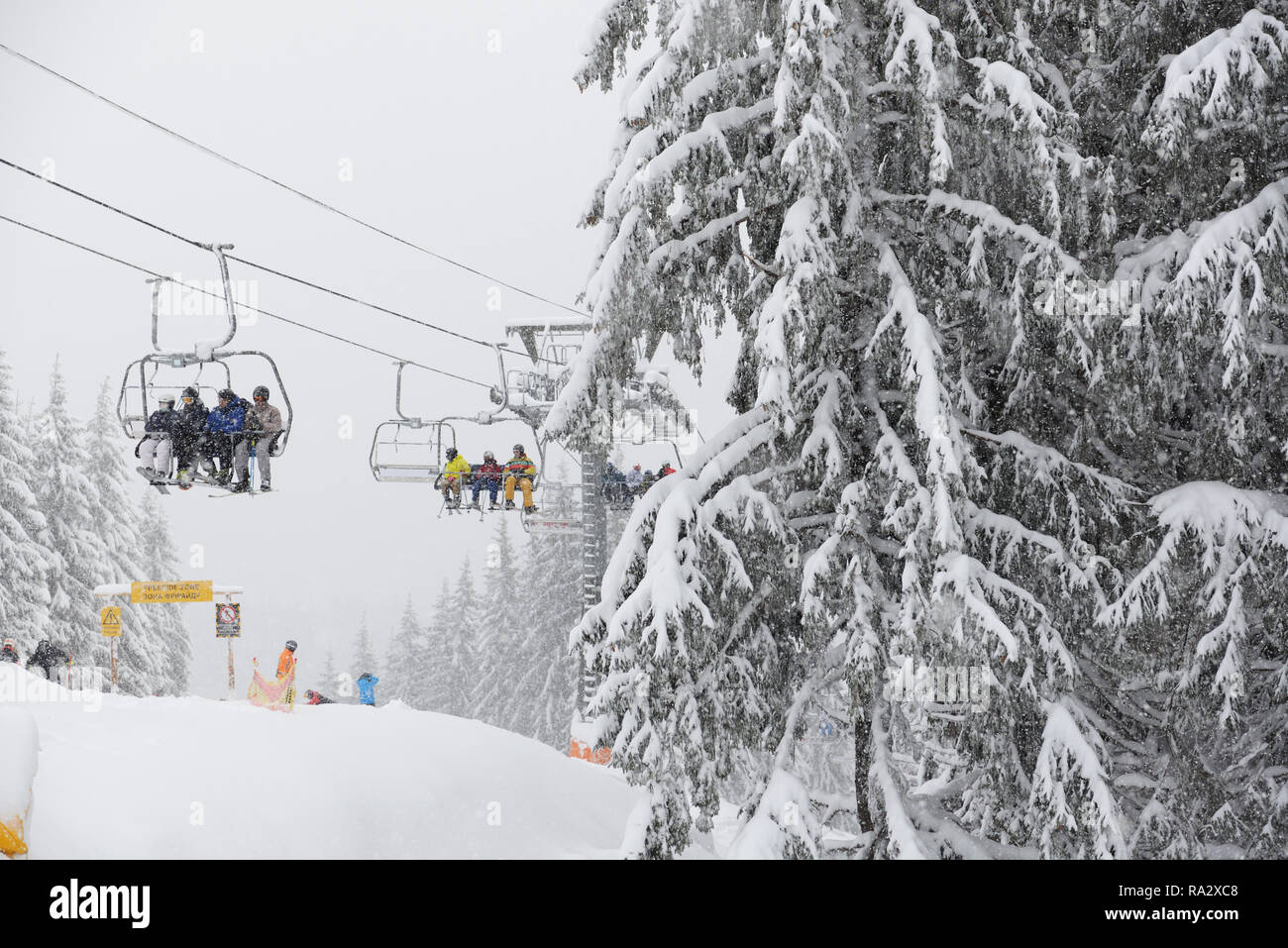 Der Läufer ist auf der Piste im Skigebiet Bukovel, Ukraine Stockfoto