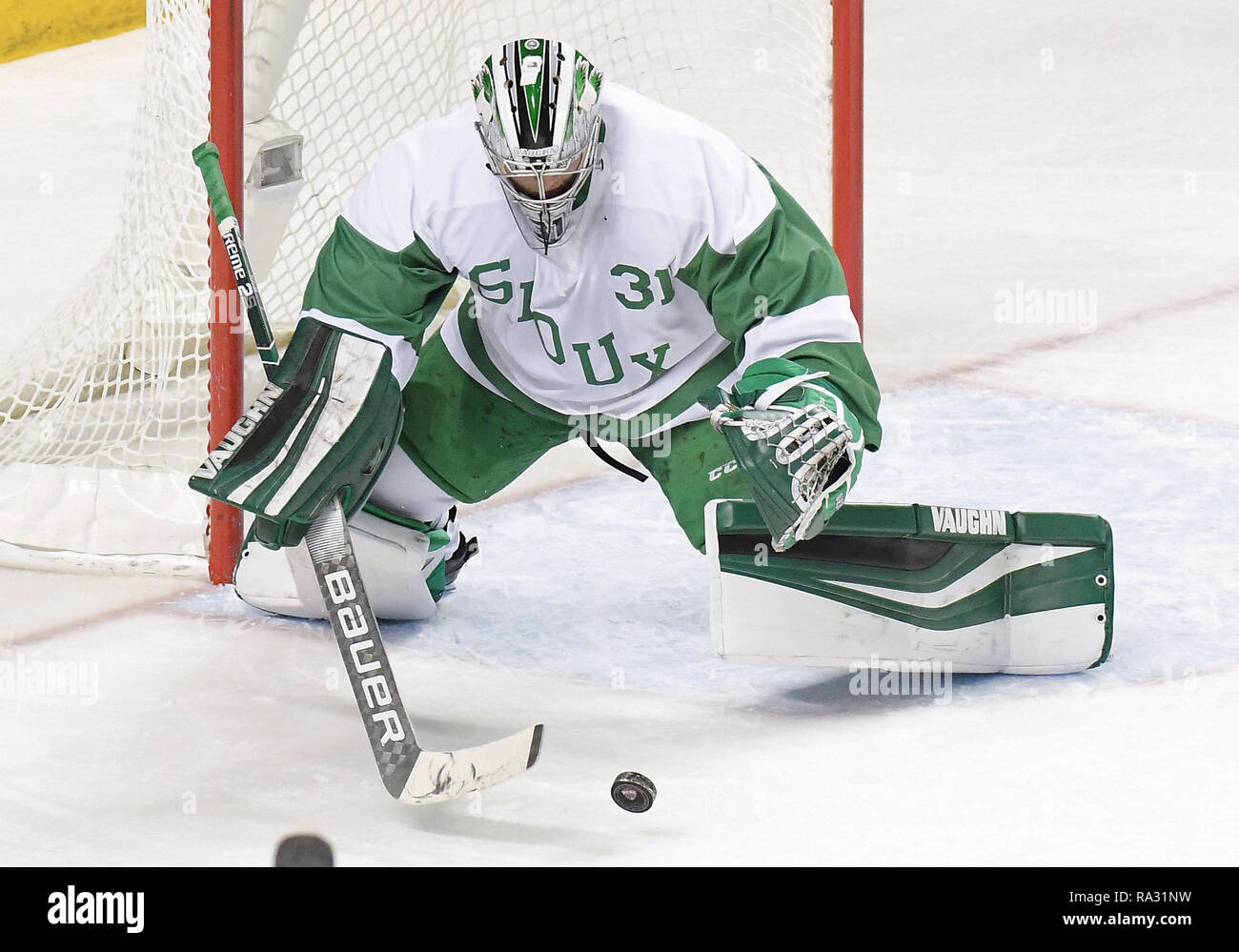 Dezember 29, 2018 North Dakota kämpfenden Falken Torwart Adam Scheel (31.) die Tauchgänge für einen Puck während der Ausstellung Männer College Hockey Spiel zwischen der US-amerikanischen Nationalen Unter-18-Team und der Universität von North Dakota Kampf gegen die Falken an der Ralph Engelstad Arena in Grand Forks, ND. North Dakota trug Replica 1959 Trikots. UND gewann 6-2. Foto von Russell Hons/CSM Stockfoto