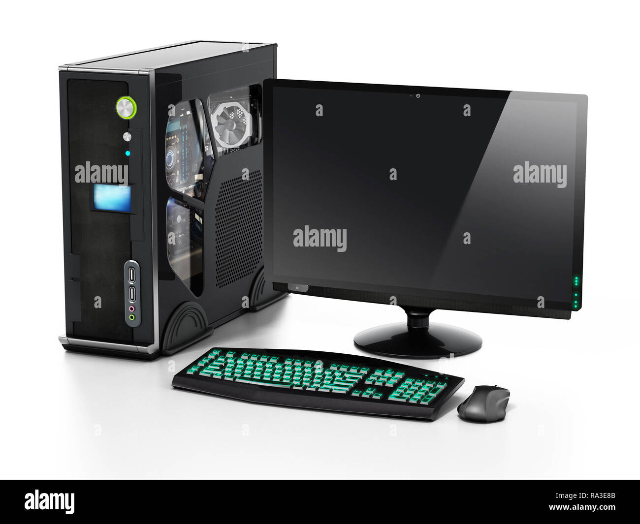 Moderne PC-Gehäuse auf weißem Hintergrund. 3D-Darstellung. Stockfoto