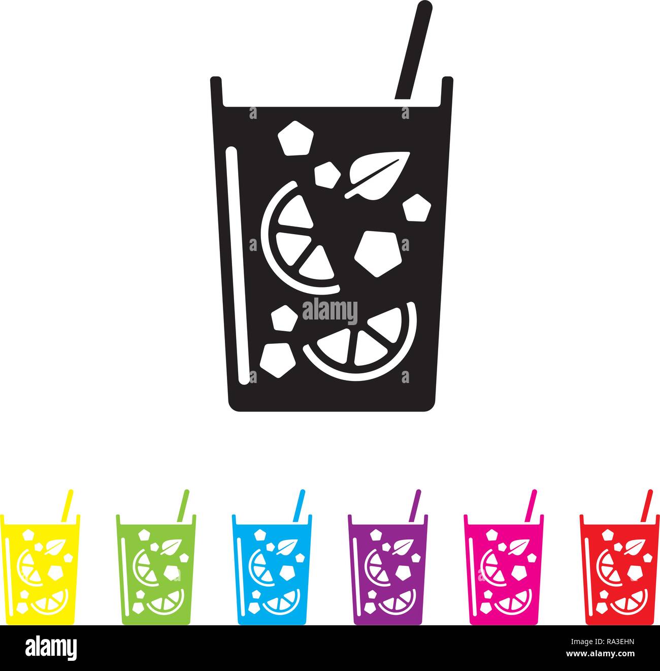 Mojito Cocktail mit Minze Blatt, crushed Eis und Kalk Schichten Vektor icon. Alkoholische Getränke Symbol in Schwarz und sechs Farbvarianten. Stock Vektor