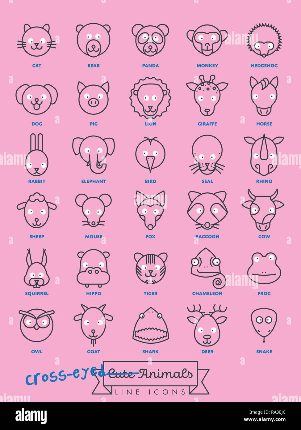 Sammlung lustiger cross-eyed Tier Gesichter vector Zeile für Symbole. Stock Vektor