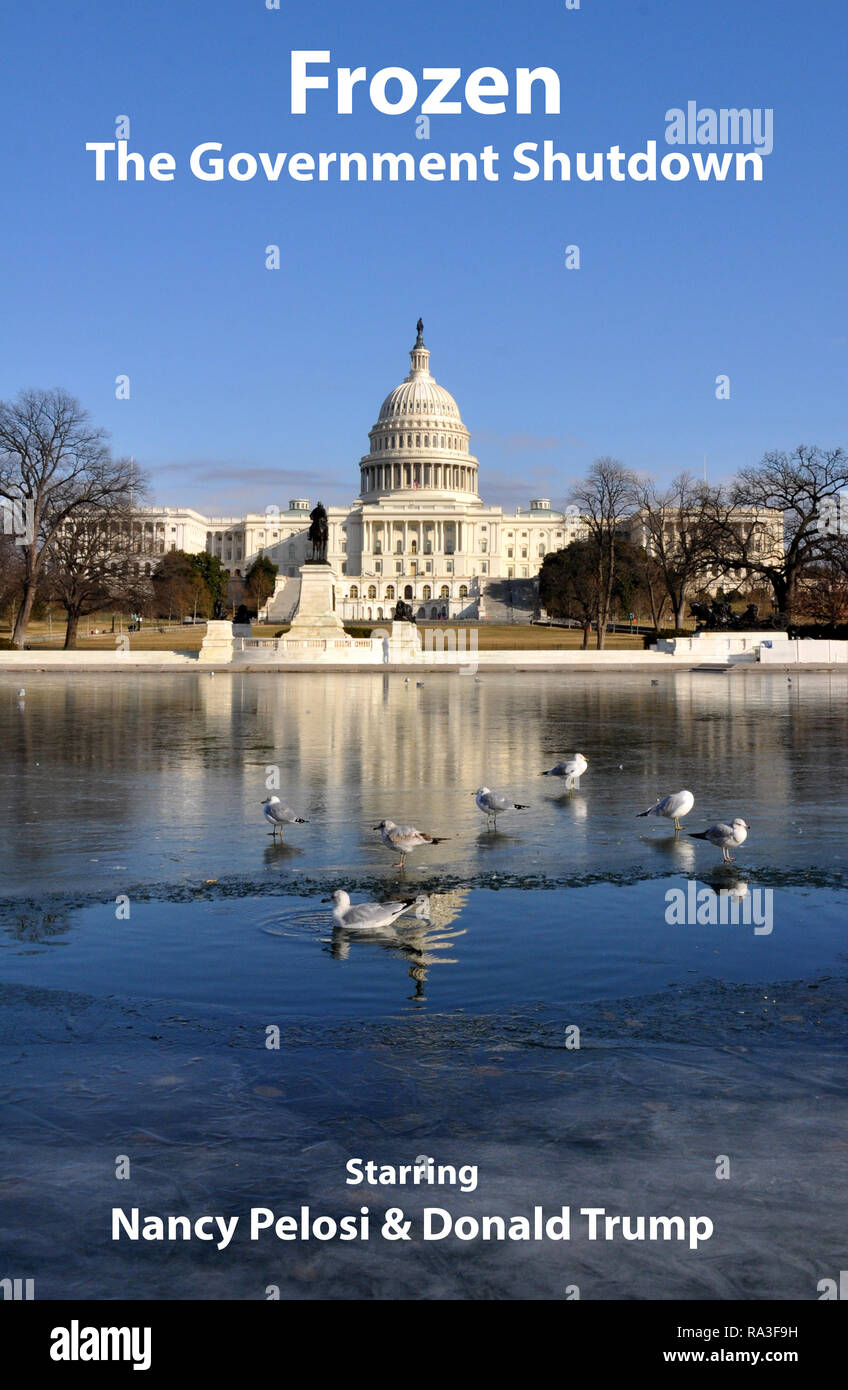 Gefrorene Government Shutdown politische Satire starring Nancy Pelosi und Donald Trump mit US Capitol Reflecting Pool Washington DC, Winter, Januar 2018 Stockfoto