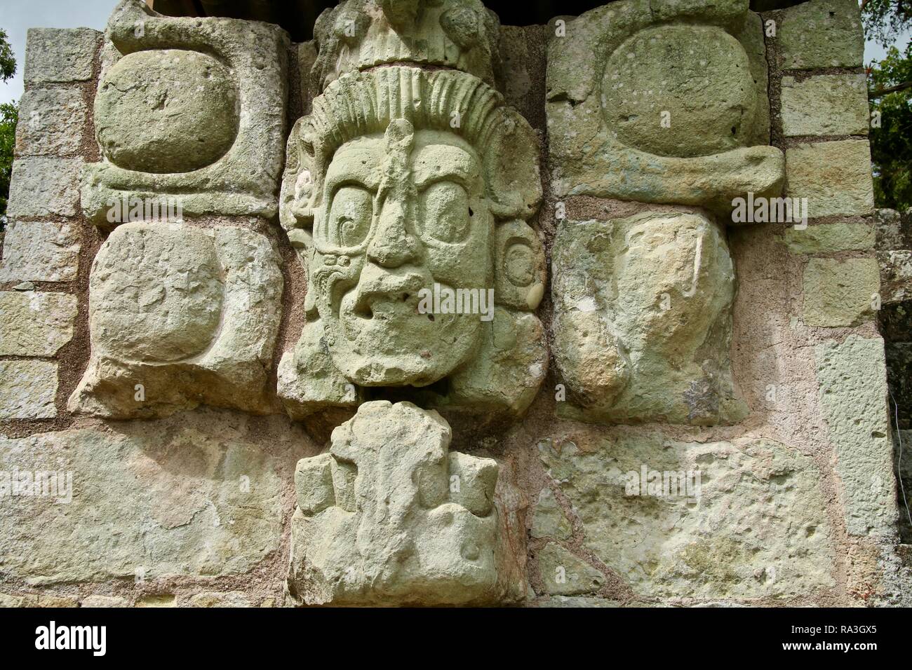 Eine steinerne Gesicht auf Maya-ruinen in Honduras Stockfoto