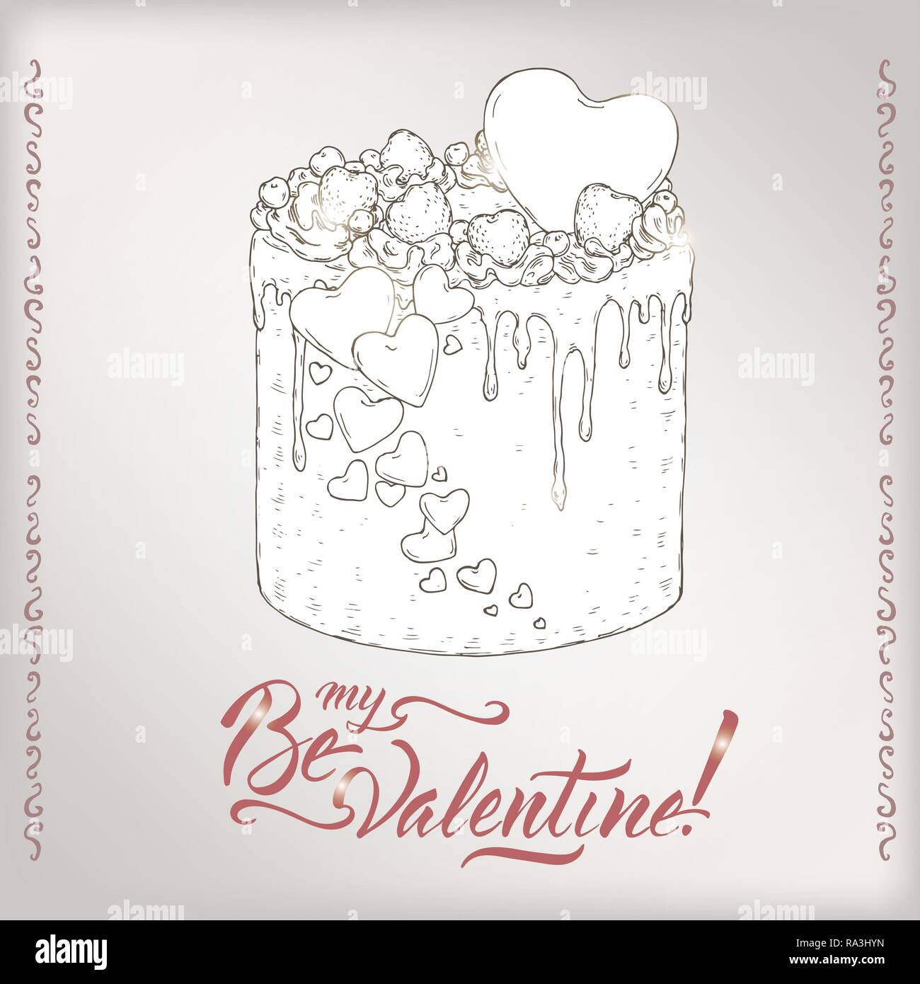 Romantische Karte mit Urlaub Kuchen und Bürste Schriftzug saing My Valentine. Stock Vektor