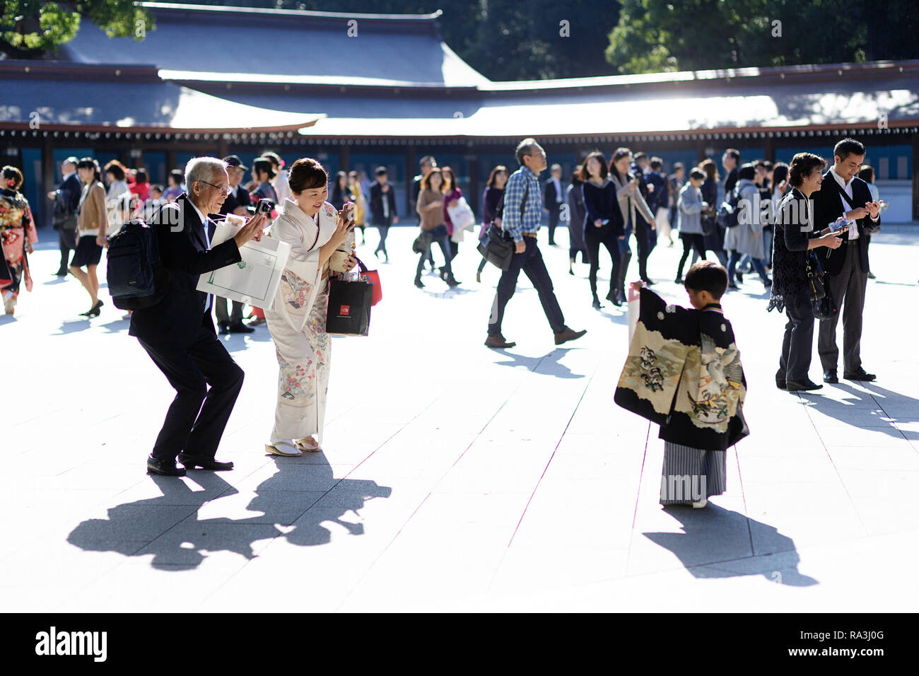 Mädchen mit einem festlichen Kimono beim Shichi-go-san-Festival oder Seven-Five - Drei Festival am Meiji Schrein, Yoyogi Park, Tokio, Japan Stockfoto