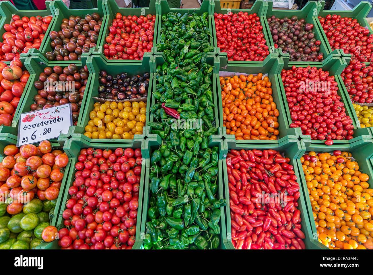 Verschiedene Sorten Tomaten (Solanum Lycopersicum) und Paprika (Capsicum) auf einem Bauernmarkt, Lüneburg, Niedersachsen Stockfoto