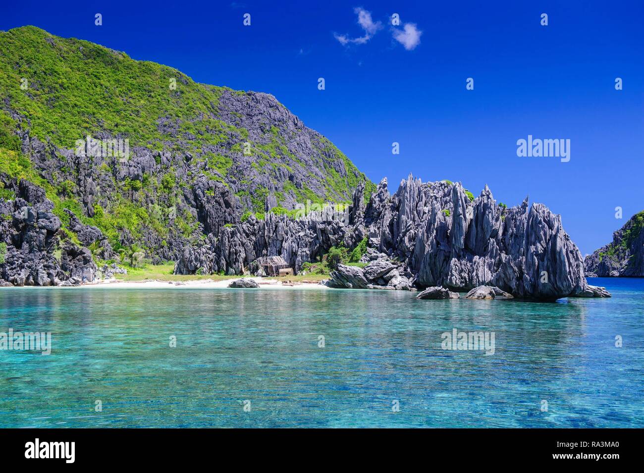 Küste mit Kalksteinen, Bacuit Archipel, El Nido, Palawan, Philippinen Stockfoto