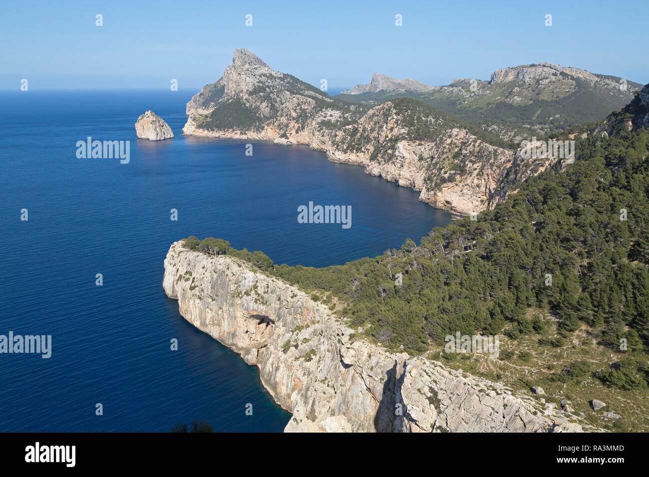 Blick vom Mirador d'Es Colomer, auch Mirador del Mal Pas auf der Halbinsel Formentor, Mallorca, Spanien Stockfoto