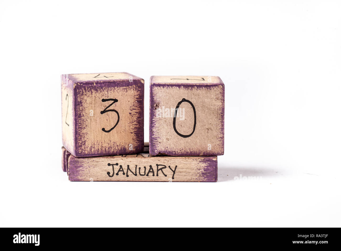Wooden Block Ewiger Kalender Übersicht Januar 30. Stockfoto