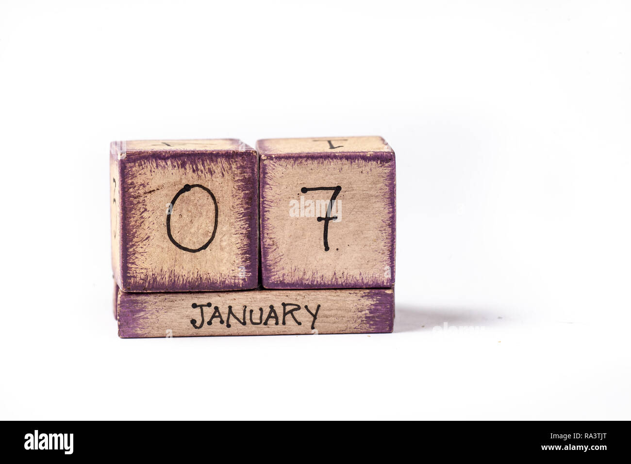 Wooden Block Ewiger Kalender angezeigt. Januar 7. Stockfoto