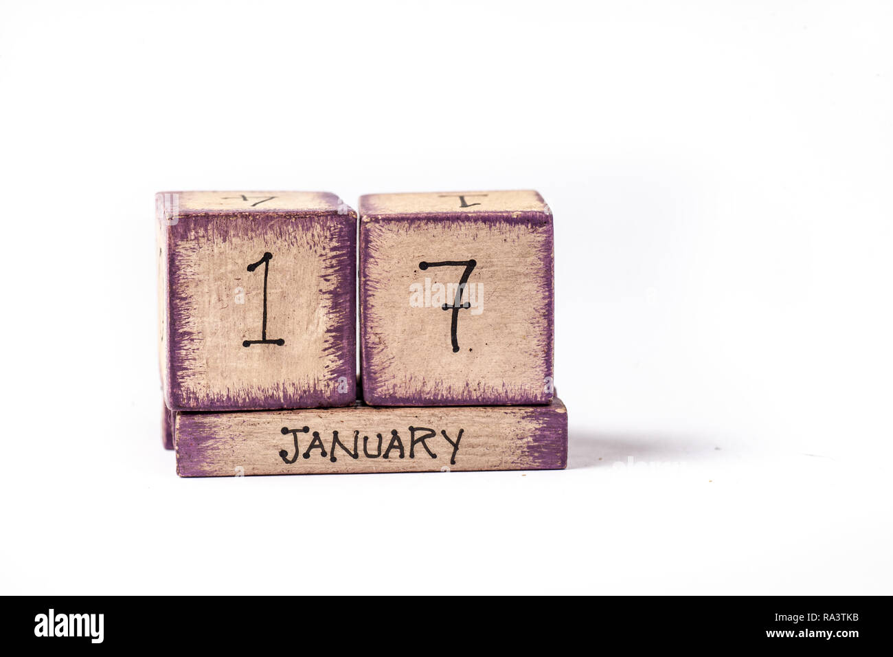 Wooden Block Ewiger Kalender Übersicht Januar 17. Stockfoto