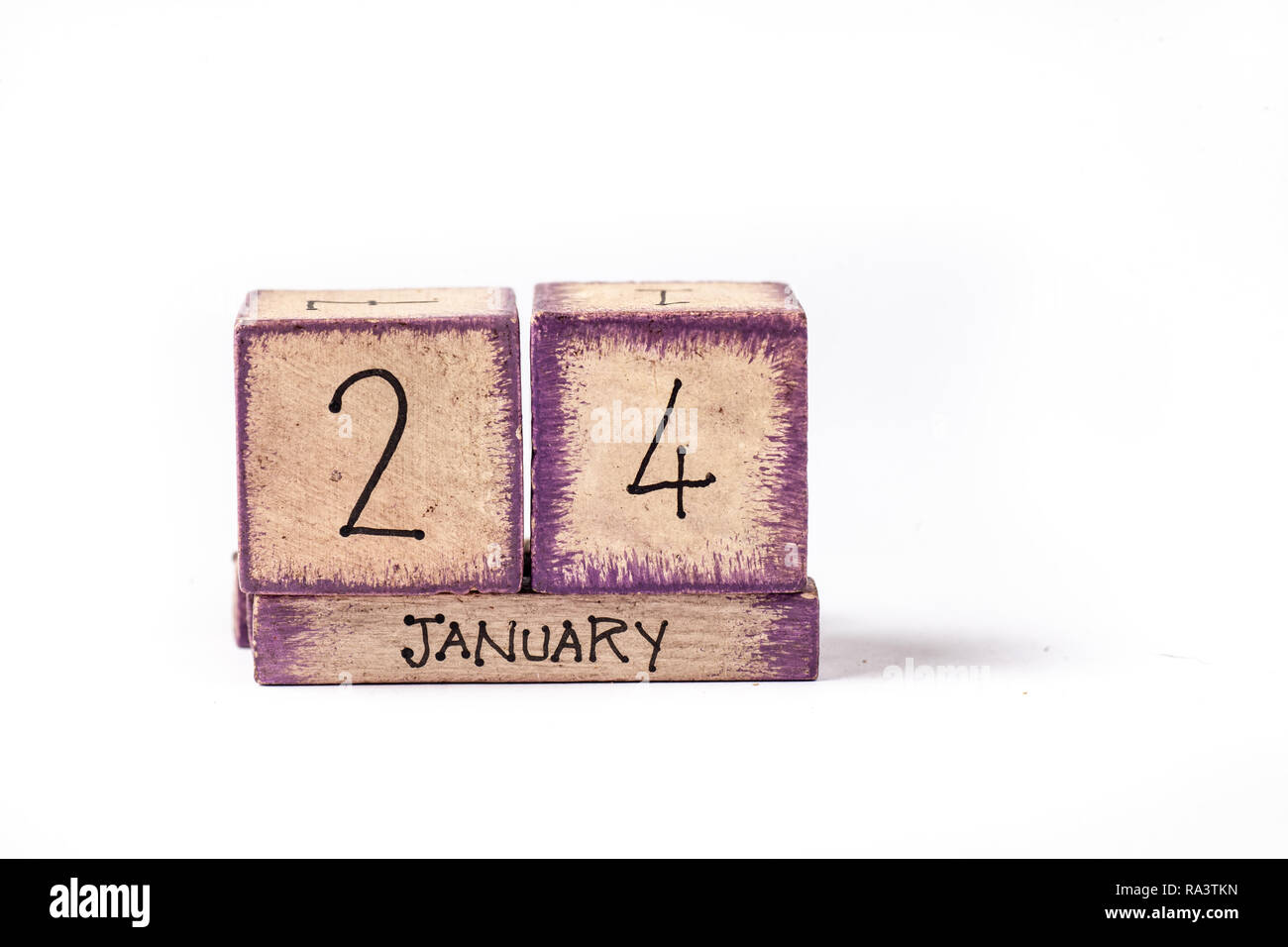 Wooden Block Ewiger Kalender Übersicht Januar 24. Stockfoto