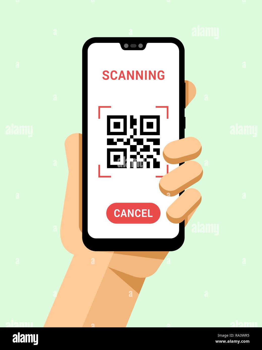 Hand hält das Smartphone mit QR-Code scanner Anwendung. Flache Vektor moderne Telefon Mock-up Abbildung: Stock Vektor