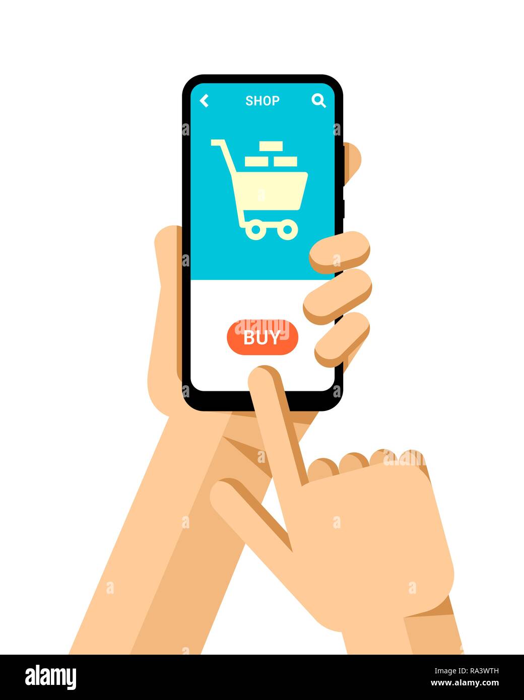 Hand hält das Smartphone. Anwendung mit online Warenkorb. Flache Vektor moderne Telefon Mock-up Abbildung: Stock Vektor