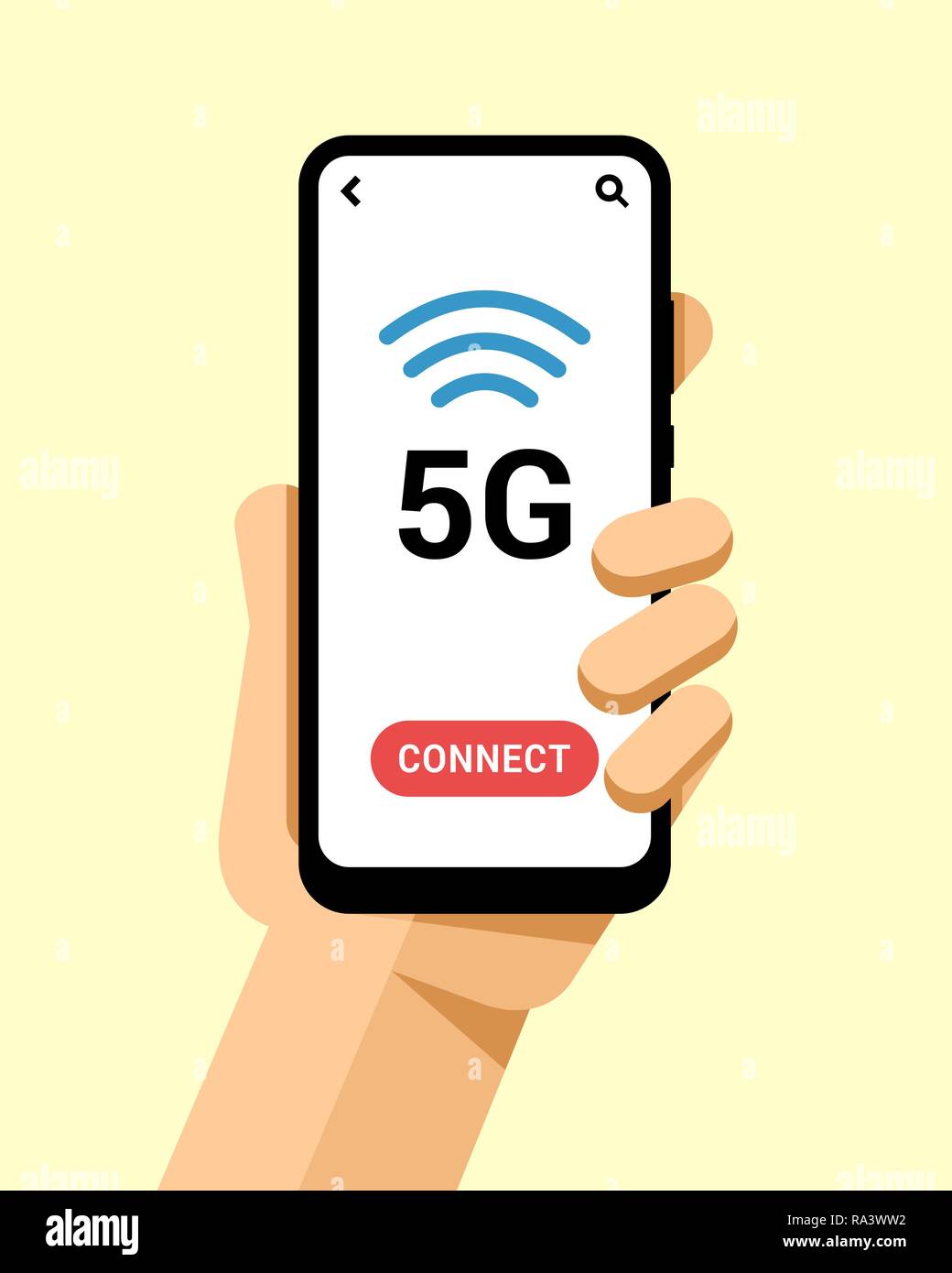 Hand hält das Smartphone mit 5G-Geschwindigkeit. Flache Vektor moderne Telefon Mock-up Abbildung: Stock Vektor