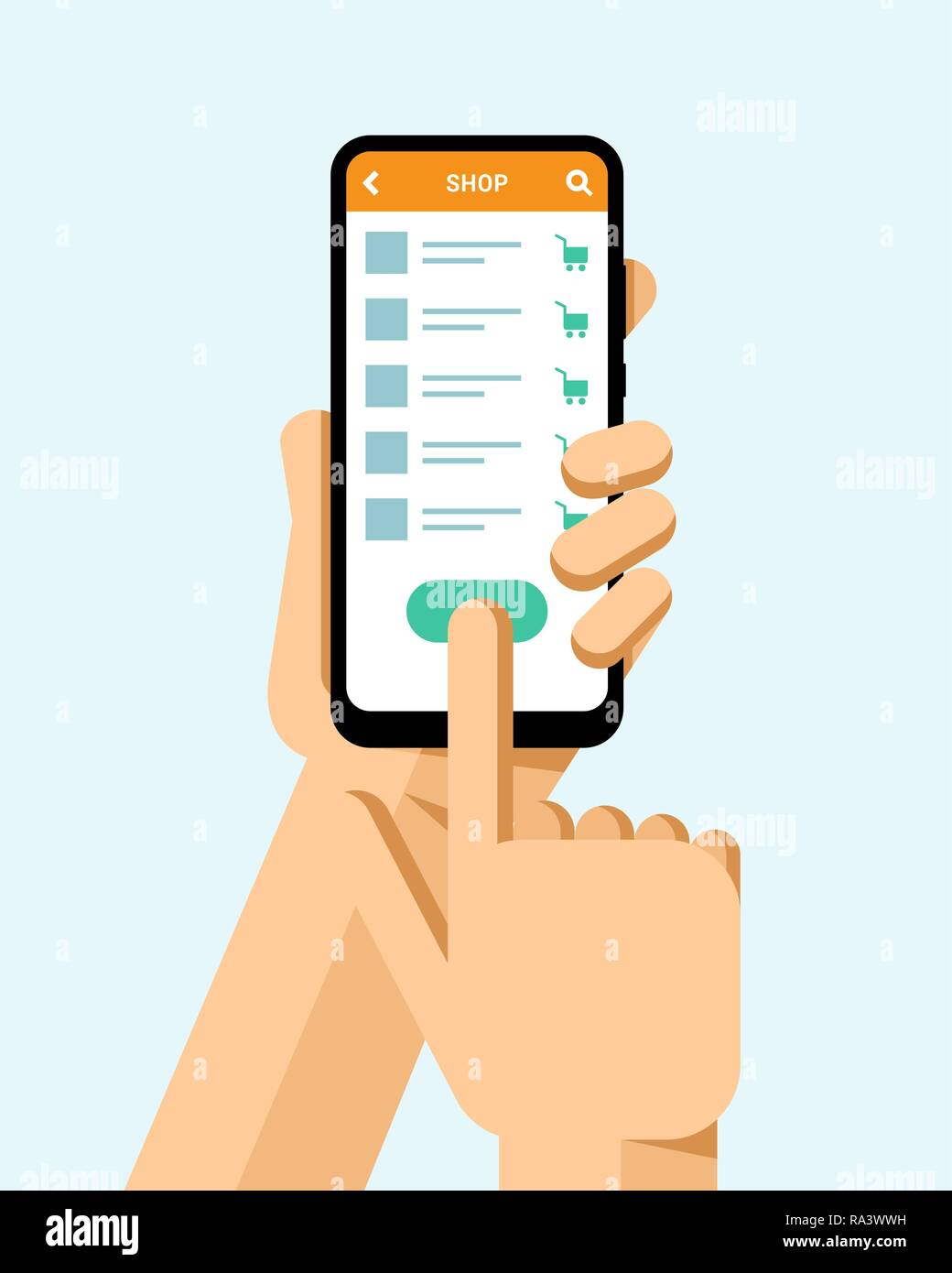 Hand hält das Smartphone mit Online Shop Software. Flache Vektor moderne Telefon Mock-up Abbildung: Stock Vektor