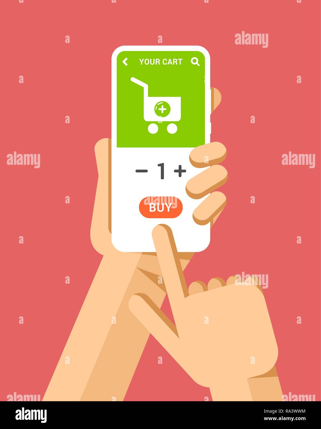 Hand hält das Smartphone mit online Warenkorb. Flache Vektor moderne Telefon Mock-up Abbildung: Stock Vektor