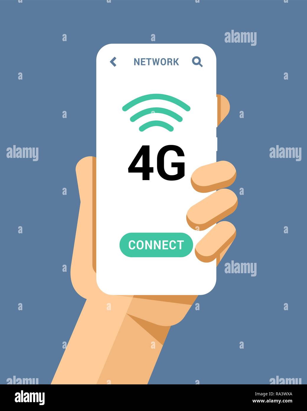 Hand hält das Smartphone mit 4G-Geschwindigkeit. Flache Vektor moderne Telefon Mock-up Abbildung: Stock Vektor