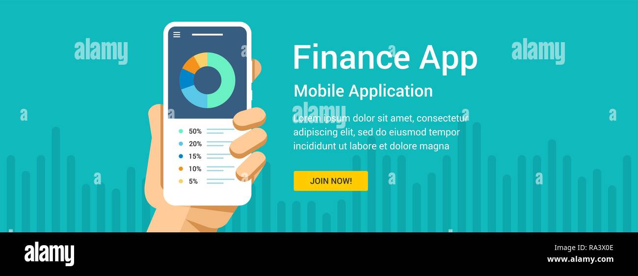 Vektor flachbild Banner für Finanzen oder Business Software. Telefon in der Hand Illustration für mobile oder Web Design Stock Vektor